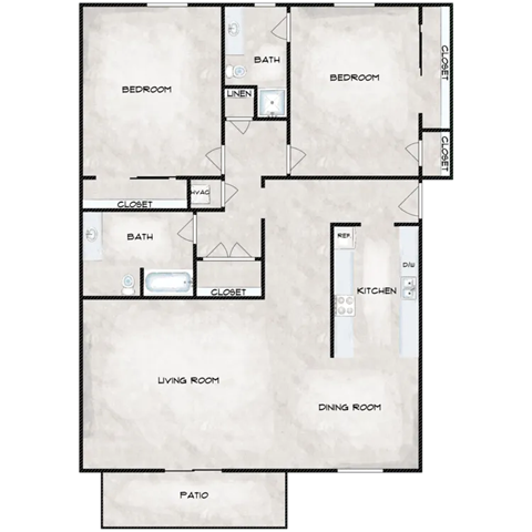 Floor plan for 2 beds, 1 bath, 1040 sqft